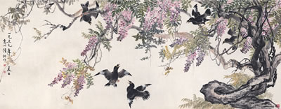 BIRDS AMID WISTERIA
