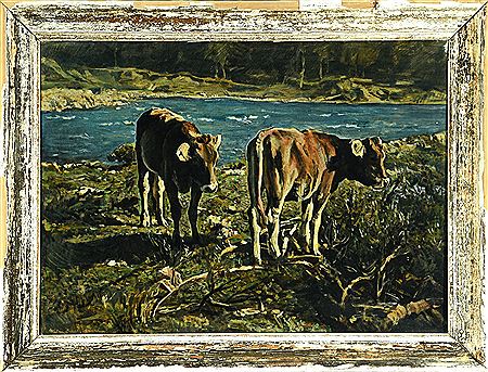 Zwei Kälbchen am Flussufer