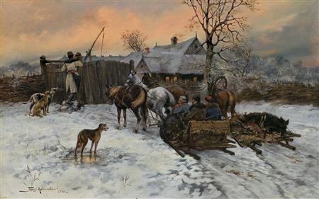 RETURN FROM THE HUNT by Tadeusz Rybkowski - Auction record, sale price, and art valuation. Compare with similar artists and explore comparable artworks.