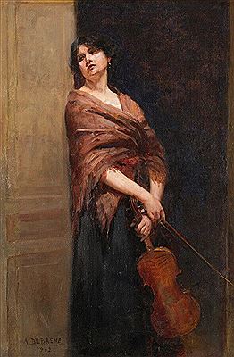 The violinist by Alphonse Jules Debaene - Auction record, sale price, and art valuation. Compare with similar artists and explore comparable artworks.