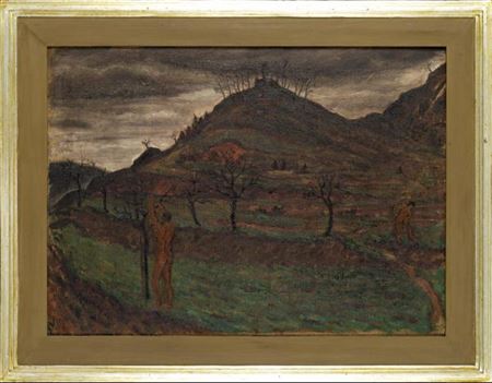 Landscape with two men working in the garden - Spring by Vlastimil Rada - Auction record, sale price, and art valuation. Compare with similar artists and explore comparable artworks.