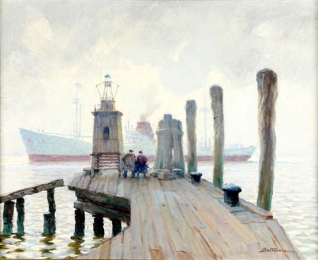 Personen auf der Seebrücke m. Leuchtbake u. vorbeifahrendem Schiff