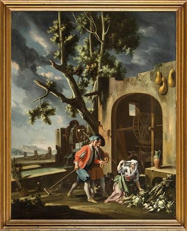Mill with greengrocer and two customers