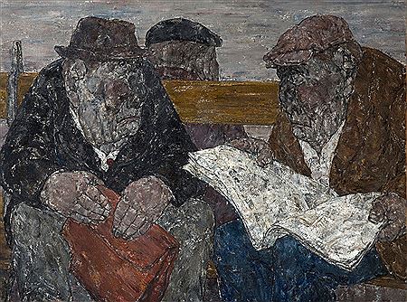 Three men on a bench, 1965