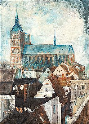 Blick auf die Nikolaikirche in Stralsund vom Turm der Jakobikirche aus