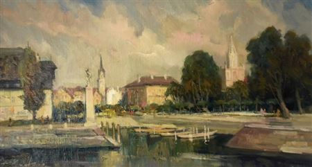 "Gondelhafen" in Konstanz, view from the water of boats, Graf Zeppelin monument, council, old town and on the right the city garden with a view of the cathedral
