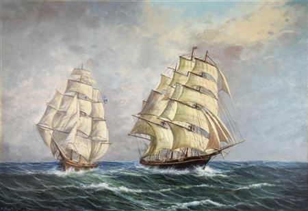 "Two three-masters on the high seas"