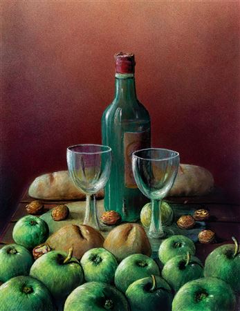 Autumn still life with apples, nuts, wine bottle and glasses.