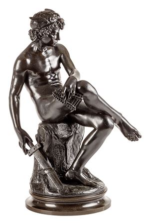 Mercury sitting on a tree trunk with a pan flute and a sword.