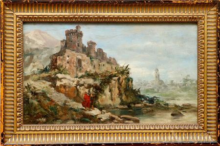 Orientalist landscape with a pair of Troubadours walking from a fortified castle