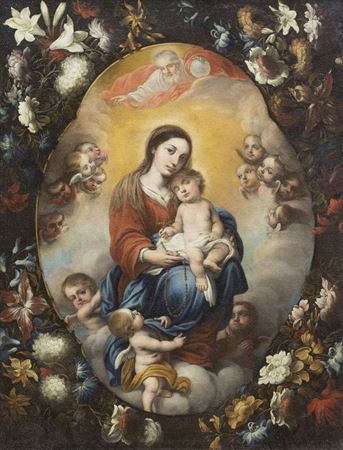 Virgin of the Rosary inserted in a border of flowers