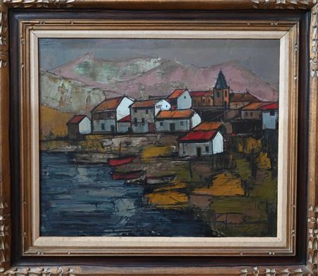 Fishing village at foot of hills