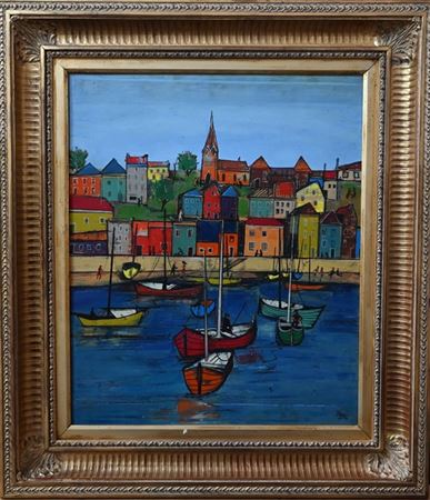 Colourful fishing village with boats