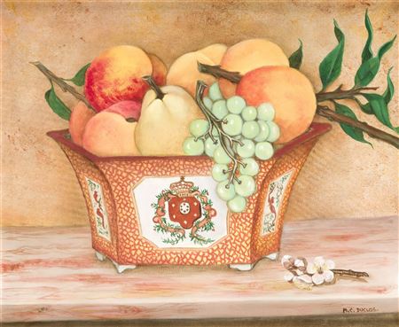 Fruit bowl with pears, peaches, and grapes
