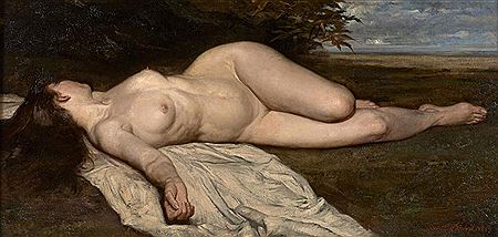 Female nude lying in a landscape
