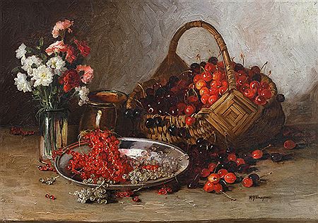 Still Life with Carnations in a Glass and a Basket with Cherries