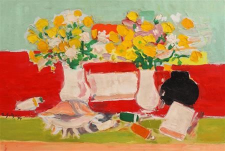 Yellow flowers in white vases and shell [1994]