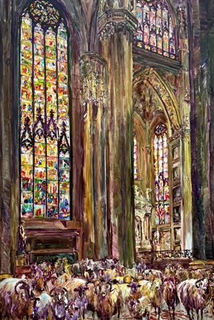 Sample artwork by Gheorghe Fikl (Born 1968), known for surrealist paintings featuring domestic animals and baroque decors - View similar artists and auction records
