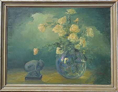Floral still-life with porcelain figure ;