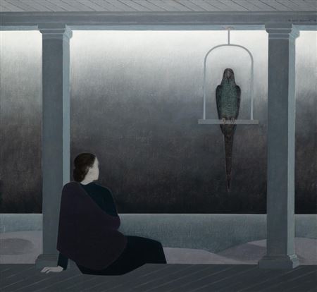 "Woman Seated on Porch Watching An Approaching Storm-Mecaw (sic) Above on Perch" 1976
