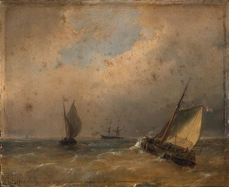 A Coastal Scene with Flat-bottomed Boats in the Breakers and a Two-Master in the Distance