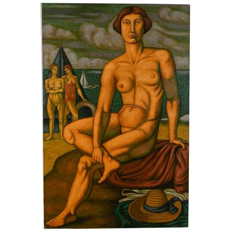 Figures at the beach with Sailboats