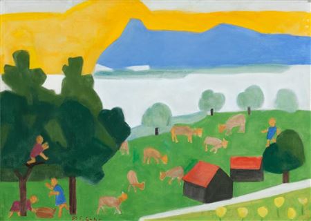 Rheintaler Landschaft mit spielenden Kindern,1985