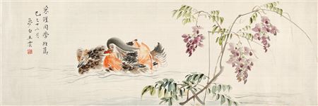 MANDARIN DUCKS AND WISTERIA