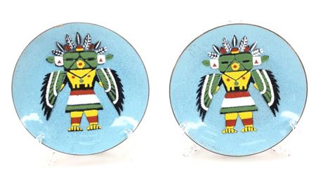 PAIR OF VINTAGE ANNEMARIE DAVIDSON HOPI KACHINA ENAMEL COPPER PLATES (2)