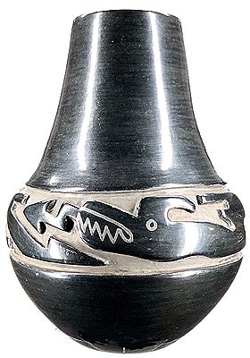 Santa Clara Pueblo Carved Blackware Avanyu Water Serpent Pottery Jar.