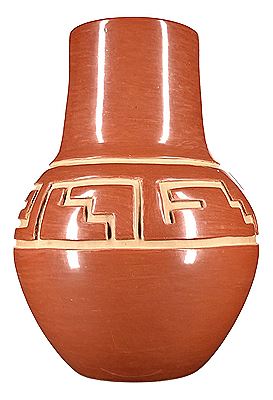 Santa Clara Pueblo Red Polished Carved Pottery Jar.