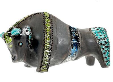 Mid Century Modern Genovese Matte Black with Blue and Green Glazed Ceramic Bull Sculpture