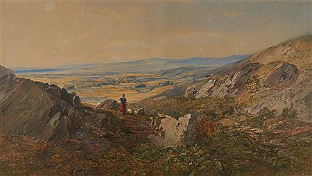 Landscape of mountain plains with a peasant woman by James Fahey - Auction record, sale price, and art valuation. Compare with similar artists and explore comparable artworks.