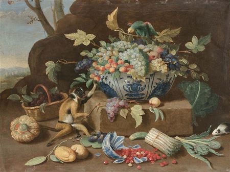 Still life with Wan Li Chinese porcelain cups, one filled with fruit, the other inverted and broken, fruit and vegetables, with a monkey and a hamster on a landscape background by Jan van Kessel III - Auction record, sale price, and art valuation. Compare with similar artists and explore comparable artworks.