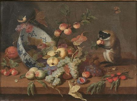 Still life of fruits with Chinese cup Wan Li reversed and monkey