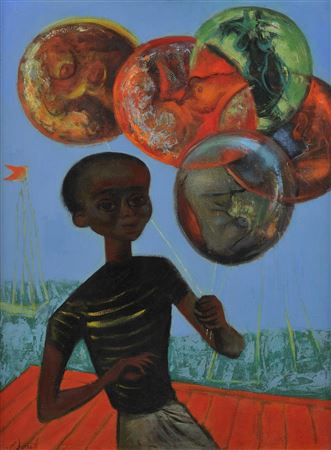 Boy With Balloons by Calvin Waller Burnett - Auction record, sale price, and art valuation. Compare with similar artists and explore comparable artworks.