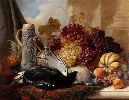 Still life of fruit and game with a claret jug and stein