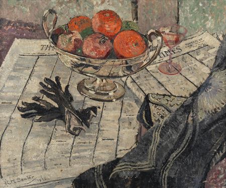 Still life of fruit in silver bowl