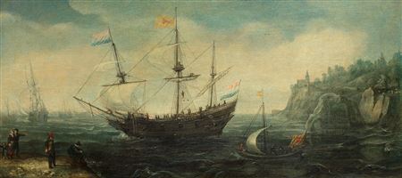Shipping at anchor in a bay