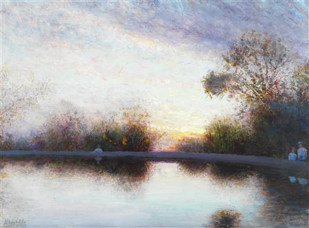 A reflective pool at dusk