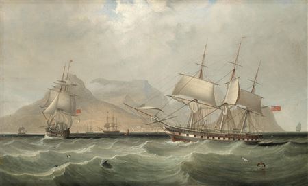 A frigate in two positions off Table Bay, Cape Town beyond by John Lynn - Auction record, sale price, and art valuation. Compare with similar artists and explore comparable artworks.