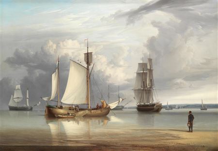 A Dutch galliot and other vessels in calm conditions on a British shoreline