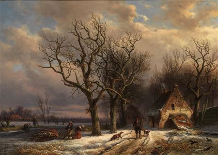 A winter landscape with figures collecting firewood, a huntsman passing