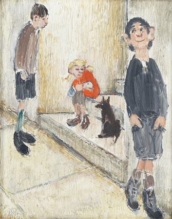 Three Children with Dog by Harold Riley - Auction record, sale price, and art valuation. Compare with similar artists and explore comparable artworks.