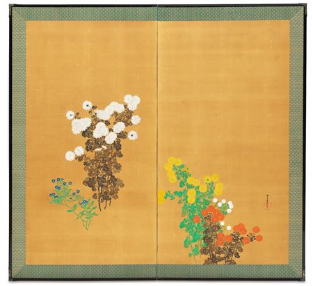 Chrysanthemums; a two-panel folding screen