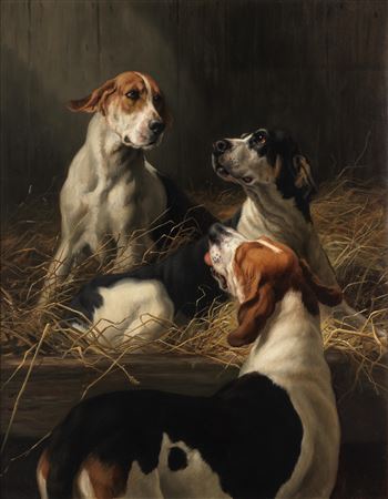 Three foxhounds in an interior by Maud Earl - Auction record, sale price, and art valuation. Compare with similar artists and explore comparable artworks.