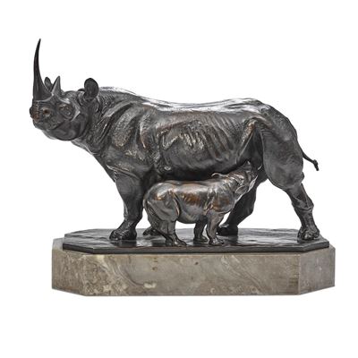Square-lipped Rhinoceros with Young One, Standing