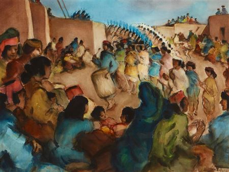 Indian Dance Procession in an Adobe Plaza