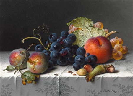 A still life of plums, grapes, a peach, and tree nuts on a draped table