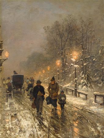 An evening snow covered street scene